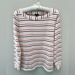 TALBOTS | Striped Long Sleeve Shirt White Pink Burgundy Boat Neck Top | Medium